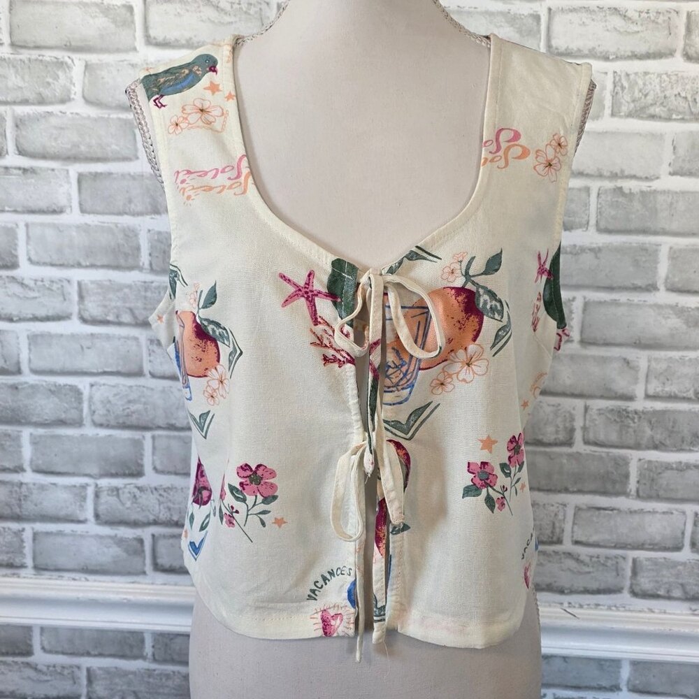 Cali 1850 Linen Blend Top Tie Front Floral Beach Resort Casual Womens Large